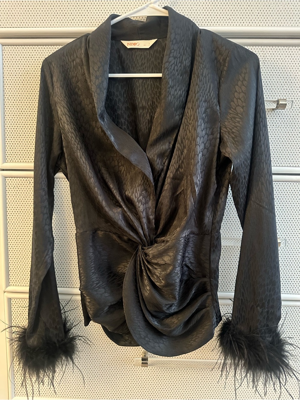 NINEMINUTES Black Twisted Front Satin Blouse with Feather Cuffs